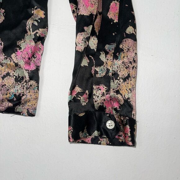 Vintage Black 100% silk pleated tailored floral button down blouse top medium 6 - Picture 6 of 12